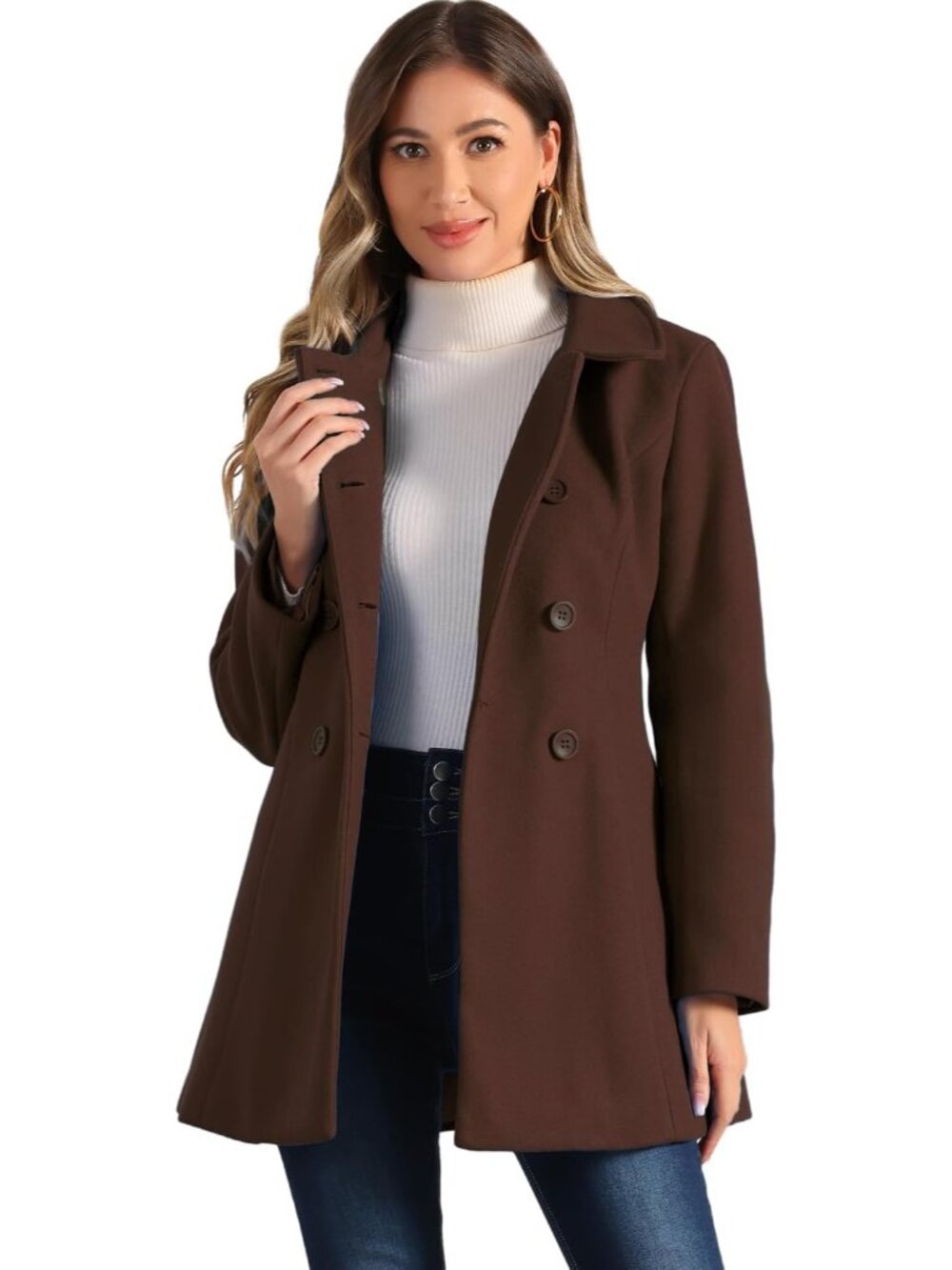 Women's Coffee Fully lined Peter Pan Collar Double Breasted Long Trench Pea Coat